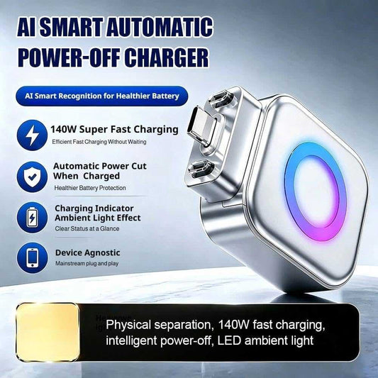AI Smart Auto-Stop Charging Adapter β 140W Physical Cut-Off Overcharge Protection for All USB-C Devices