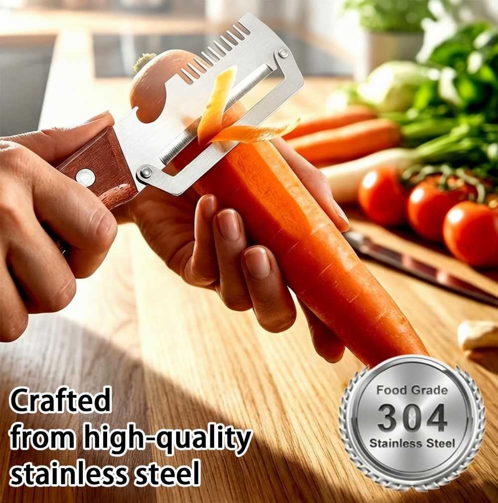 3-in-1 Vegetable Peeler β Peel, Shred & Open Bottles | Stainless Steel with Wood Handle