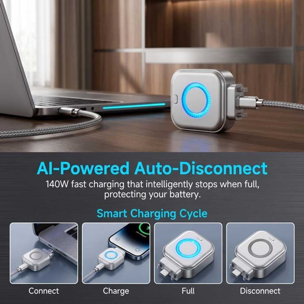 AI Smart Auto-Stop Charging Adapter — 140W Physical Cut-Off Overcharge Protection for All USB-C Devices