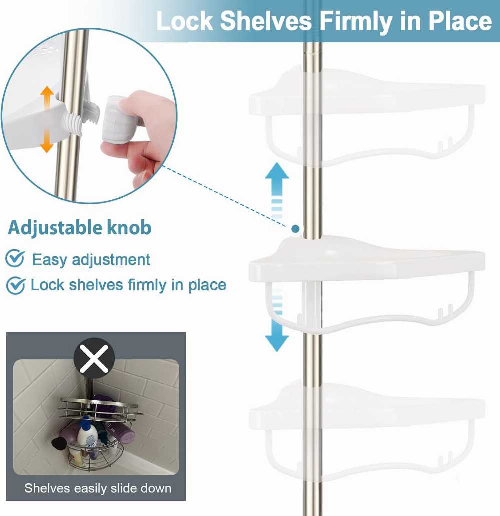 4-Tier Corner Bathroom Organizer — Adjustable Tension Pole Shower Caddy, No Drilling Required