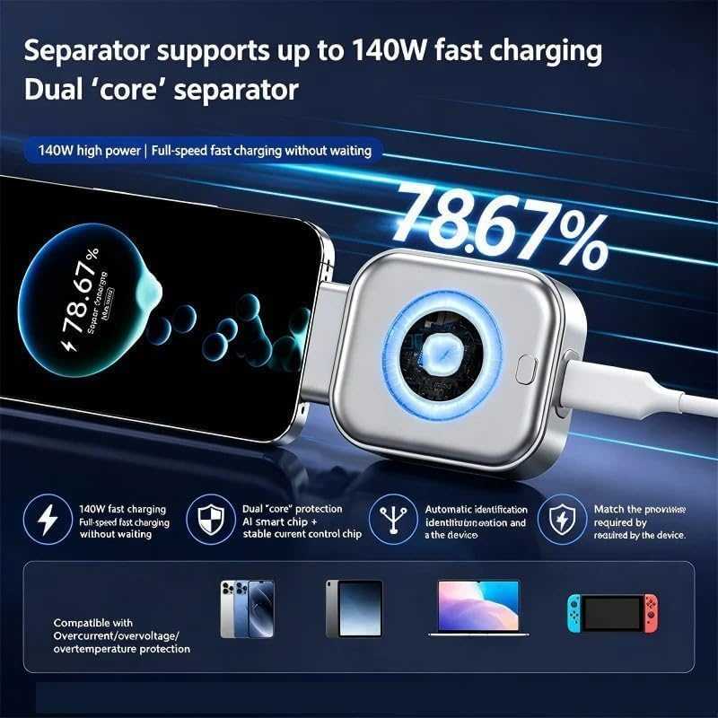 AI Smart Auto-Stop Charging Adapter — 140W Physical Cut-Off Overcharge Protection for All USB-C Devices