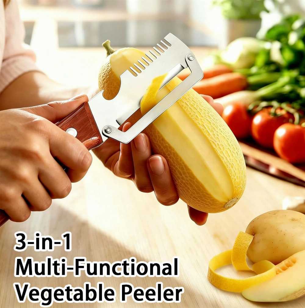 3-in-1 Vegetable Peeler — Peel, Shred & Open Bottles | Stainless Steel with Wood Handle