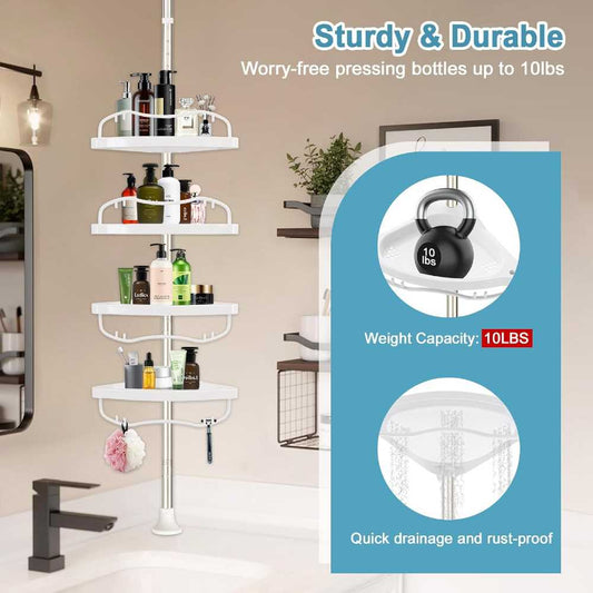 4-Tier Corner Bathroom Organizer — Adjustable Tension Pole Shower Caddy, No Drilling Required