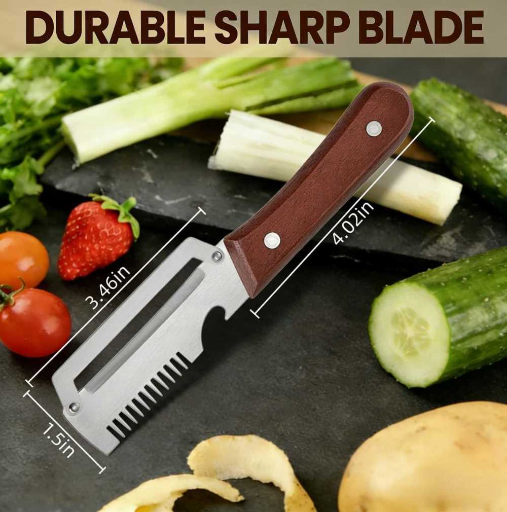 3-in-1 Vegetable Peeler — Peel, Shred & Open Bottles | Stainless Steel with Wood Handle