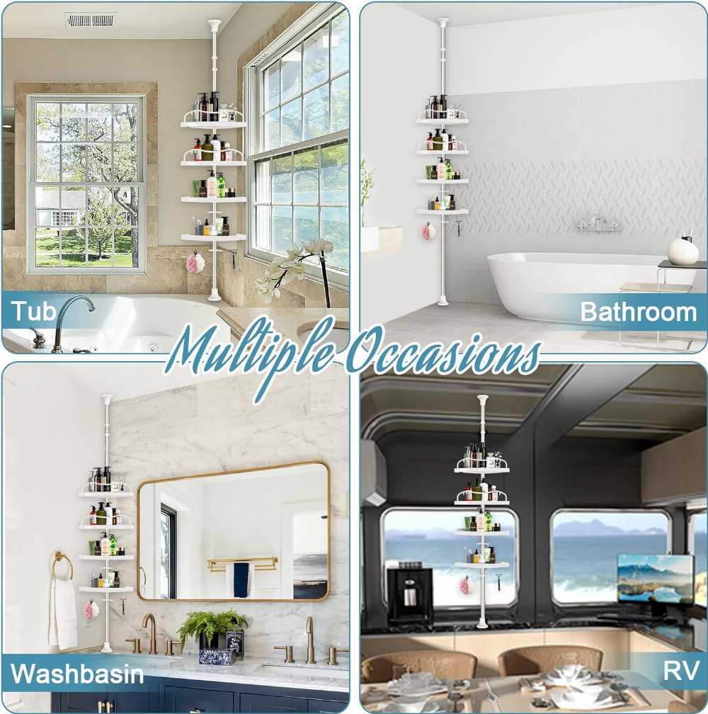 4-Tier Corner Bathroom Organizer — Adjustable Tension Pole Shower Caddy, No Drilling Required