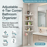 4-Tier Corner Bathroom Organizer — Adjustable Tension Pole Shower Caddy, No Drilling Required