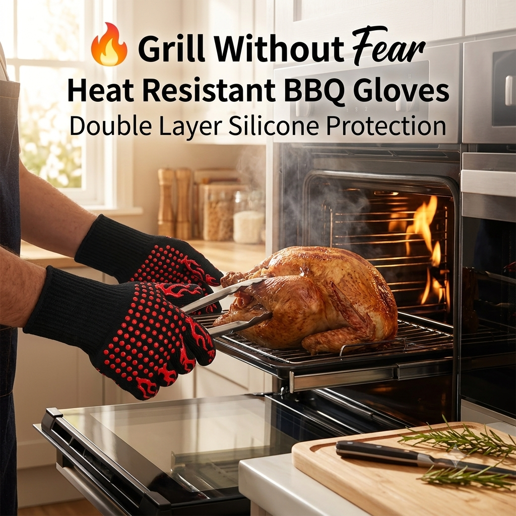 Heat Resistant BBQ & Oven Gloves 🔥 Double Layer Non-Slip Silicone Kitchen Protection"