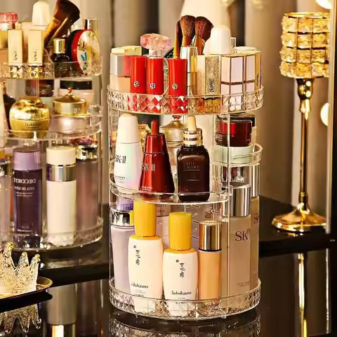 💎 Rotating Cosmetic Organizer ✨ Diamond Pattern Makeup Storage Stand