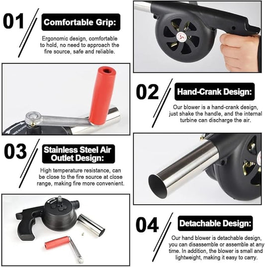 BBQ Electric Air Blower 🔥 Hand Crank Fire Starter for Grill & Campfire